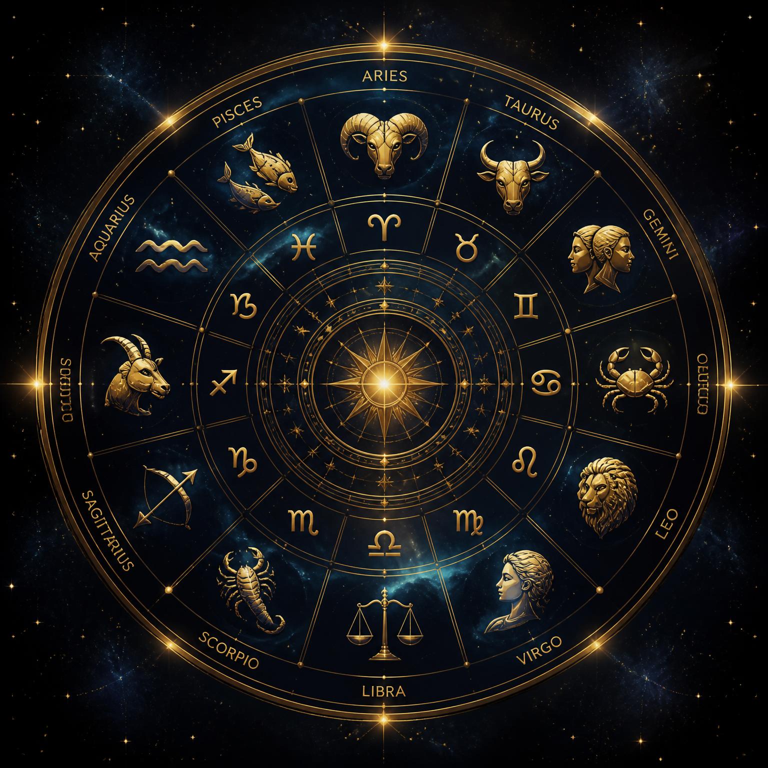 Golden zodiac wheel over deep cosmic sky